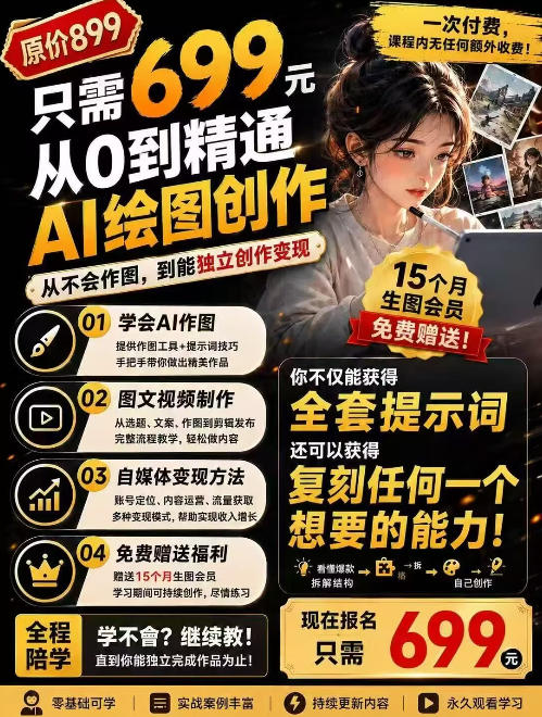 抖音10W粉丝博主的AI绘图教学,从0到精通AI绘图创作,从不会作图到能独立创作变现-极栈网络